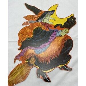 Vintage Halloween Diecut Cutout Decor 15” Witch Broom Black Cat Pumpkin